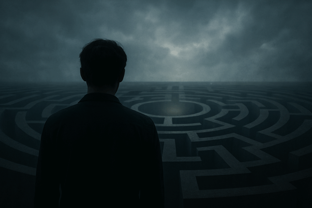 Drug Dependency: The maze represents the mental and emotional entrapment of dependency — complex, isolating, but with hope (the light) at the centre. The figure represents anyone, allowing for empathy without being specific or graphic.