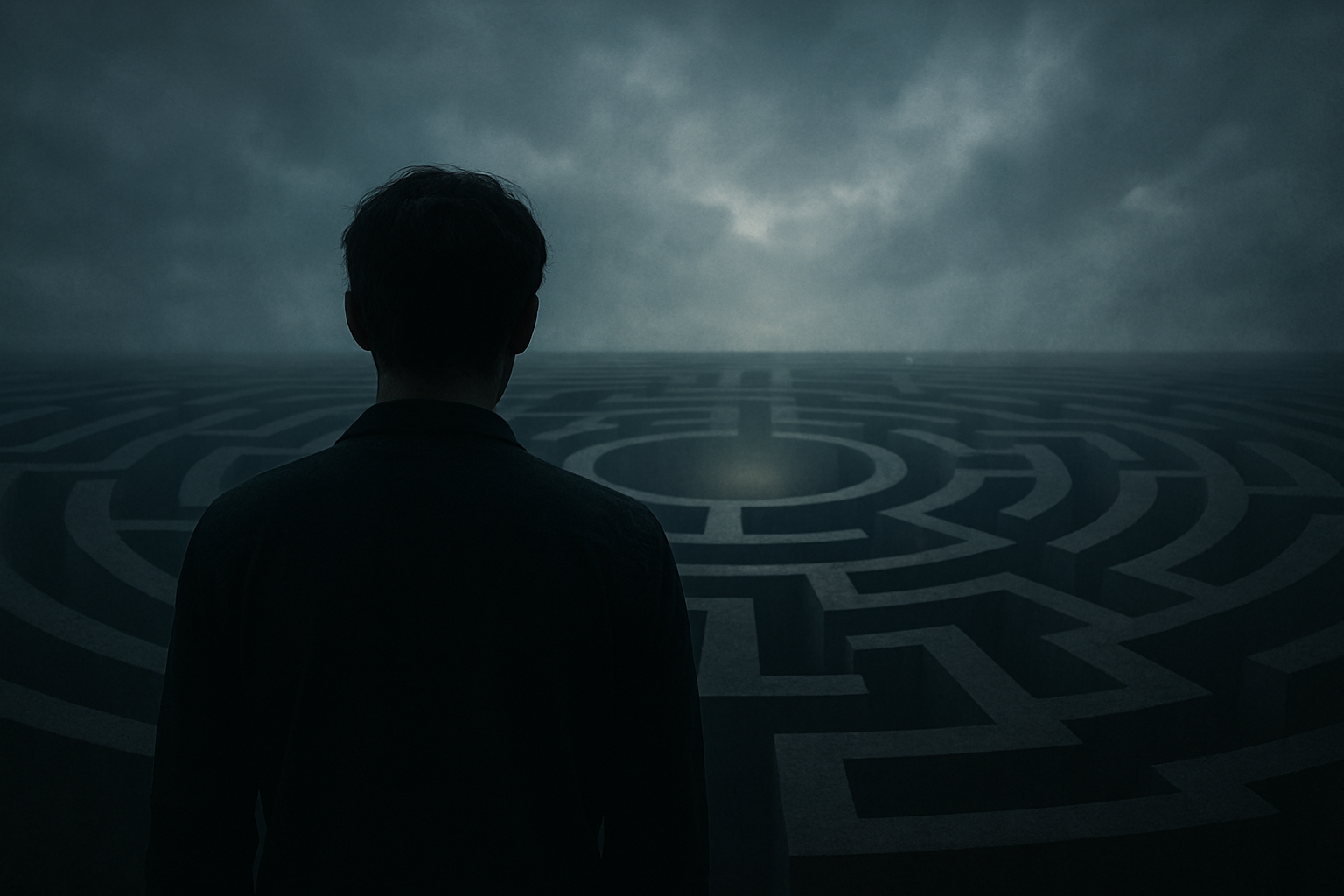 Drug Dependency: The maze represents the mental and emotional entrapment of dependency — complex, isolating, but with hope (the light) at the centre. The figure represents anyone, allowing for empathy without being specific or graphic.