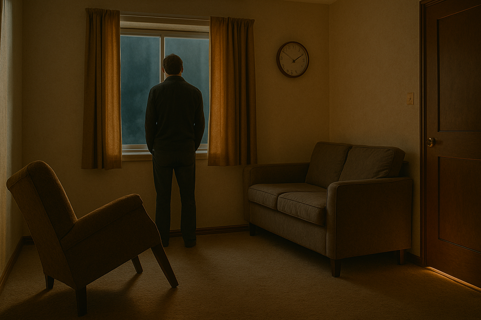 Alcoholism: This evokes the quiet loneliness and routine isolation often experienced with alcoholism, without showing the person actively drinking or intoxicated. The light under the door suggests recovery or support is near, echoing Star Housing’s mission.